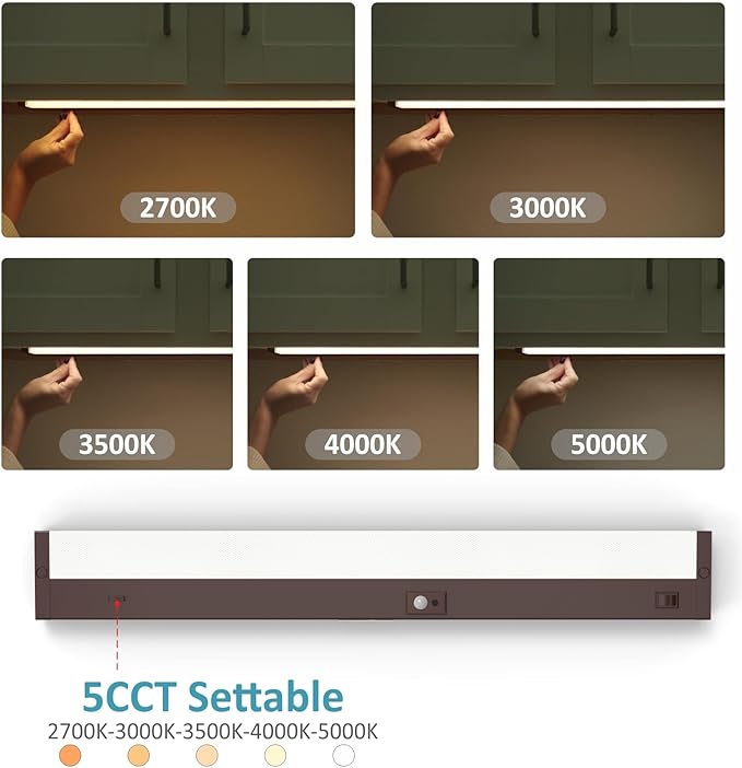 Under Cabinet Lighting Motion Sensor Hardwired, 24 Inch 12W Dimmable, 5 CCT 2700/3000/3500/4000/5000K, Eyes Care Design Linkable Under Counter Lights for Kitchen, Sink, ETL Listed, Bronze
