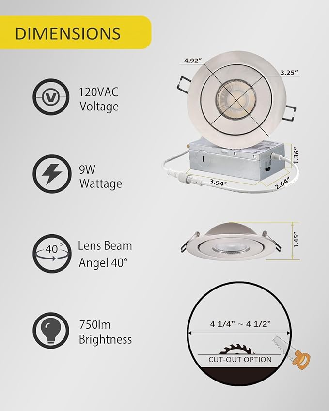 4-inch Gimbal LED Recessed - 4 in Lighting 6Pack Canless Brushed Nickel Trim 90° Tilt Swivel LED Eyeball Wafer Slope Ceiling Adjustable Spotlight Dimmable Brushed Nickel 4 inch 6 Pack