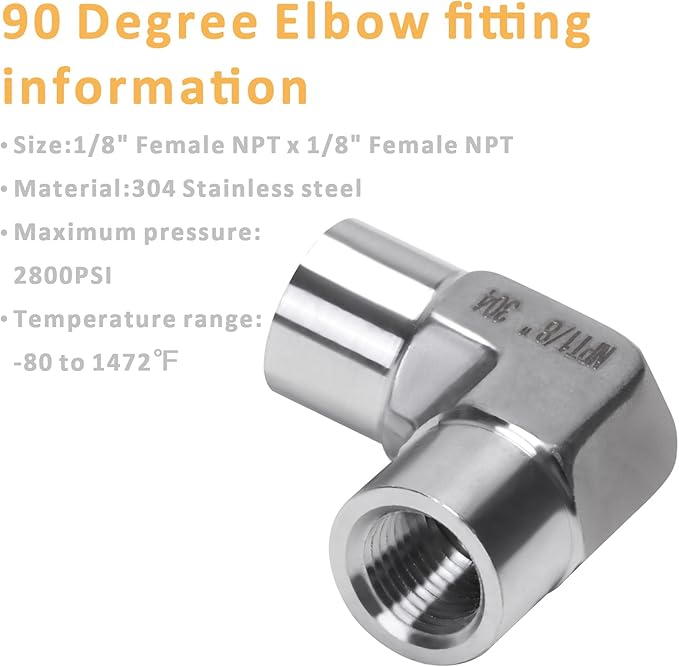 90 Degree Street Elbow - 1/8" NPT Female to 1/8" NPT Female Stainless Steel 304 Heavy Duty Forged Barstock Street Elbow Adapter Pipe Fitting (pack of 5)