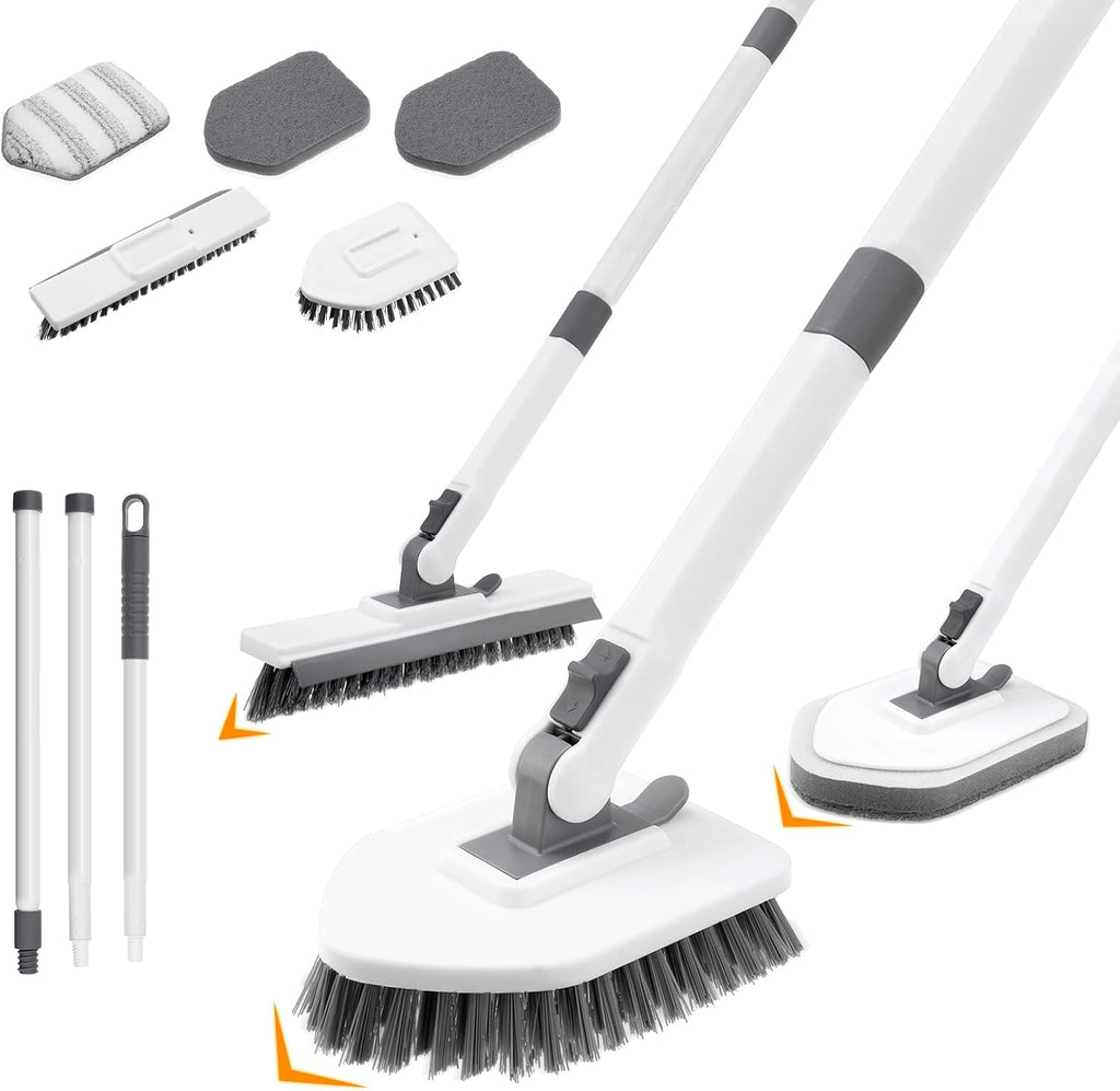 4 in 1 Shower Scrubber Cleaning Brush, Tub and Tile Scrubber with Long Handle, Grout Brush Stiff Bristles Scrub Sponge Brushes Microfiber Pad, for Toilet Bathroom Kitchen Wall Floor Glass Bathtub Sink