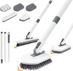 4 in 1 Shower Scrubber Cleaning Brush, Tub and Tile Scrubber with Long Handle, Grout Brush Stiff Bristles Scrub Sponge Brushes Microfiber Pad, for Toilet Bathroom Kitchen Wall Floor Glass Bathtub Sink