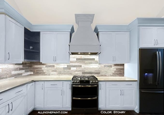 ALL-IN-ONE Paint, Durable cabinet and furniture paint. Built in primer and top coat, no sanding needed. Includes our 30 featured color card - Stormy (pastel blue), Gallon