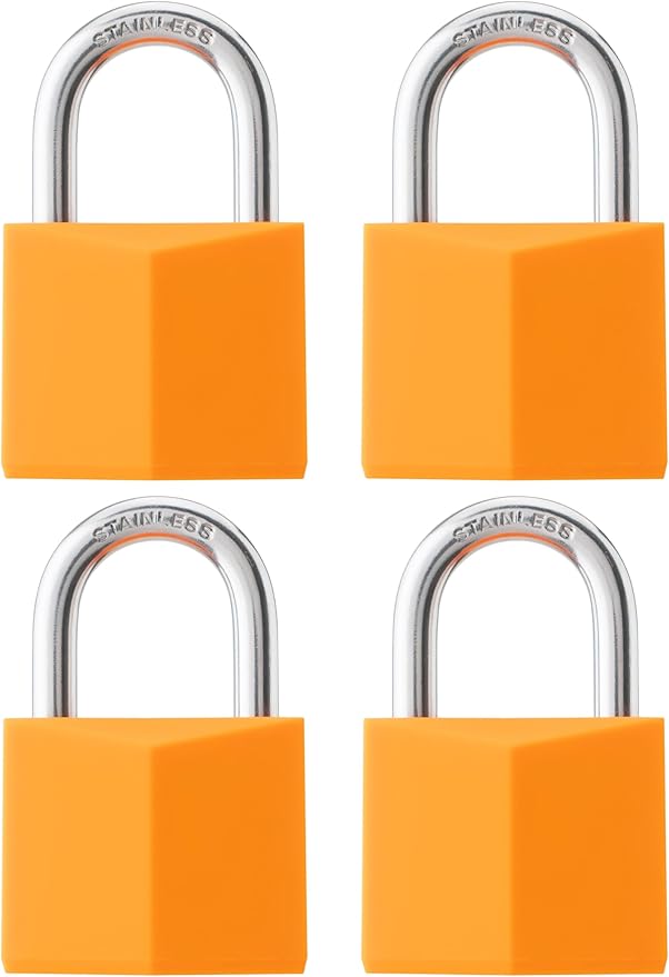 4-Pack Keyed Alike Locks, Orange Covered Brass Keyed Padlock with Stainless Steel Shackle, 1-9/16 Inch Lock Body, Rustproof Locks for Luggage Gate Fence Hasp Cabinet Toolbox Gym School Locker