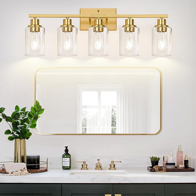 5-Light Bathroom Vanity Light with Clear Glass Shades, Brushed Gold Bathroom Light Fixtures Over Mirror, Modern Vanity Light for Mirror Living Room Cabinet Bedroom Porch