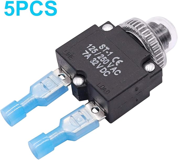 mxuteuk 5Pcs 7Amp Circuit Breakers Push Button Manual Reset 125/250V AC 32V DC,Overload Protector Switch Thermal Circuit Breakers with Quick Connect Terminals and Waterproof Button Caps ST1-5-7A