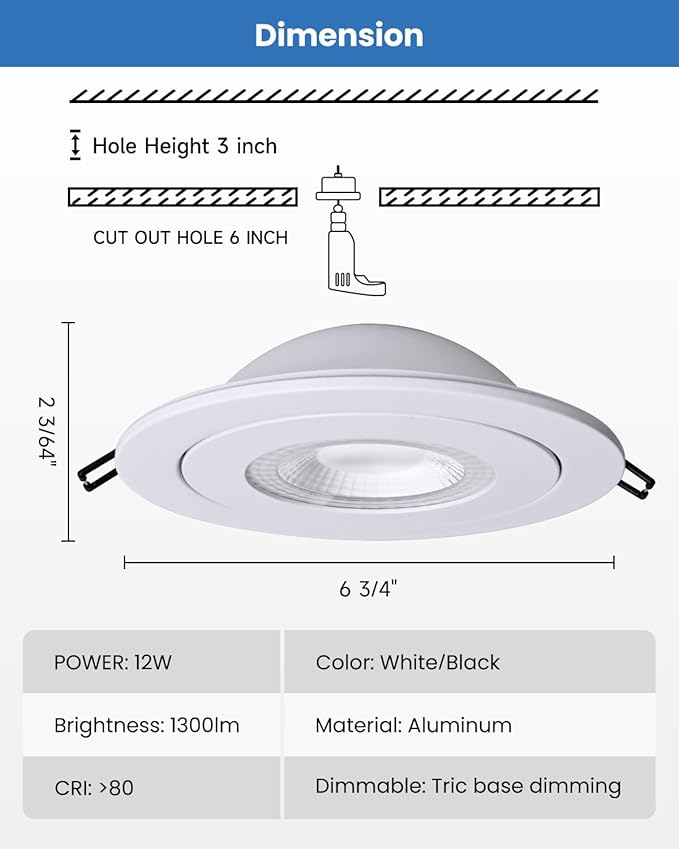 6-Inch Gimbal Recessed Light - 12W 90° Tilt & 360° Rotation, 5CCT (2700K-5000K), IC Rated LED Eyeball Recessed Lighting, for Sloped Ceilings, Soffit Light, Hallyway，Kitchens, White 6 Pack