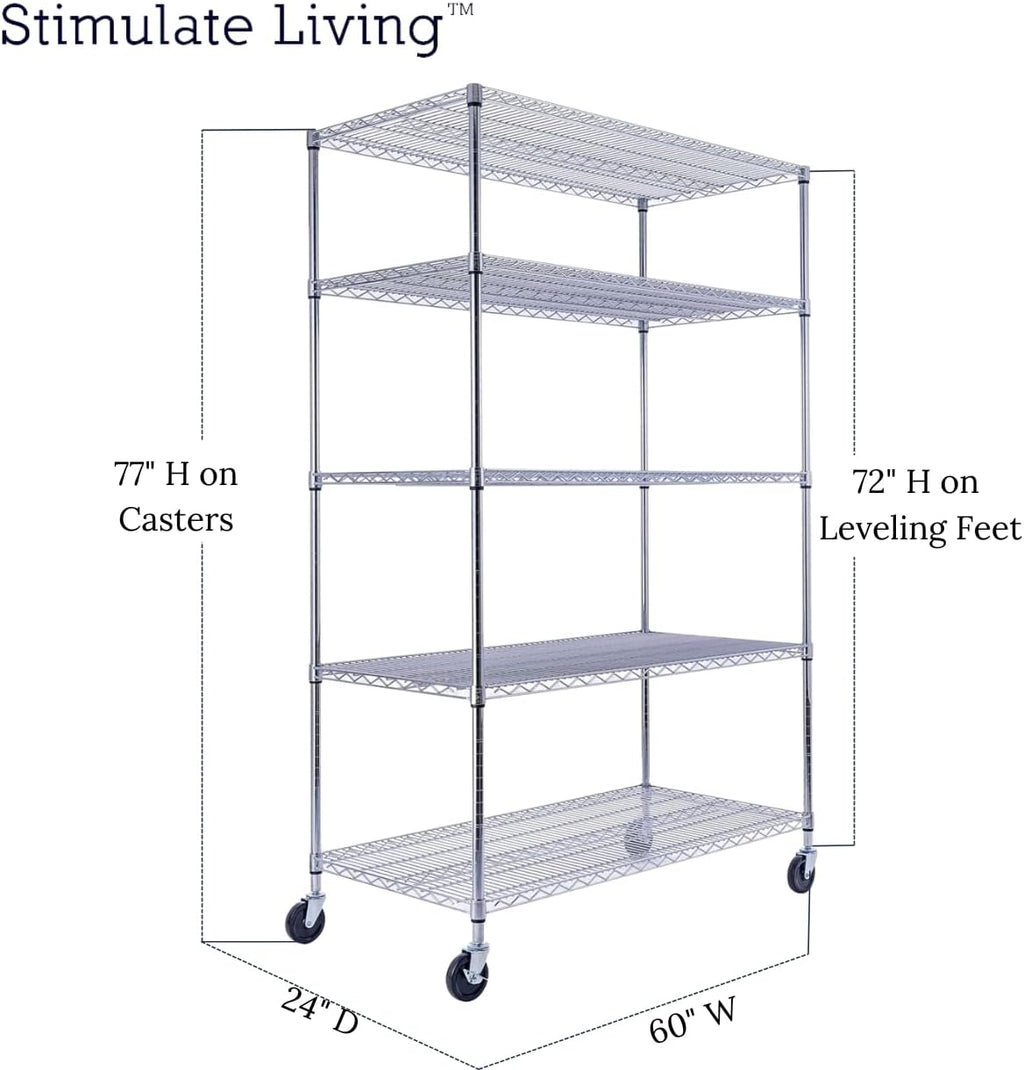 48"x24"x72" Prime Heavy Duty Chrome 5-Tier Steel Wire Shelving NSF 4000 LBS MAX Capacity Storage Rack for Commercial, School, Home, Garage, Warehouse, Industrial, and Hospital Uses (with Wheels)