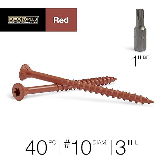 Deck Plus 3 Inch Epoxy Coated Exterior Wood and Fence Screws #10 x 3 Torx/Star Drive Included Coarse Thread, Outdoor Rust Resistant Decking Screw, Red, 40 Pieces | 42600