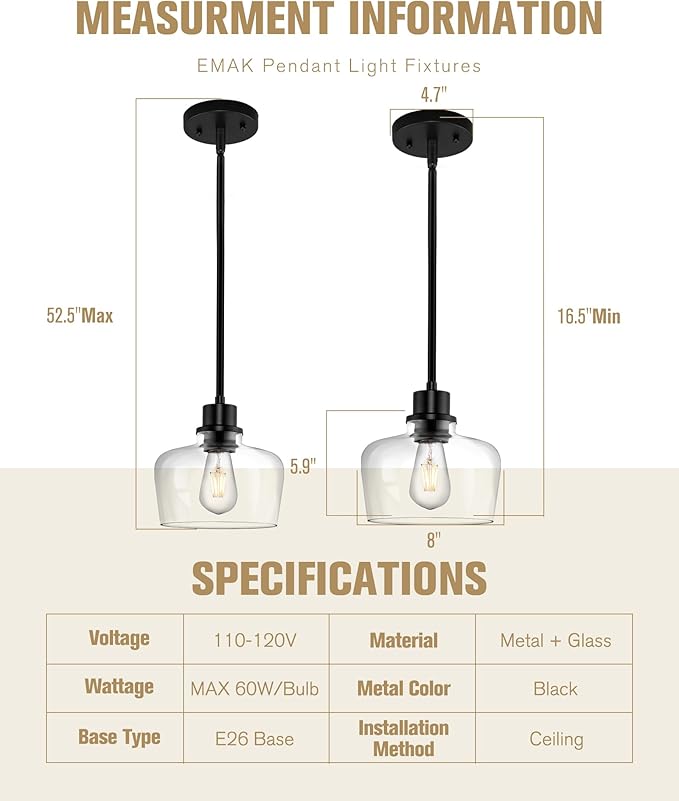 Emak Modern Black Pendant Lights, 8 Inch Kitchen Pendant Lighting Over Island with Clear Glass Shade, Farmhouse Hanging Lights for Kitchen, Bathroom, Bedroom, Dining Room, PL122-BK-CG