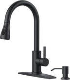 FORIOUS Black Kitchen Faucet with Soap Dispenser, Single Handle Stainless Steel Transitional Sink Faucet with Pull Down Sprayer 1 or 3 Hole, Suitable for Farmhouse Laundry Camper RV Bar