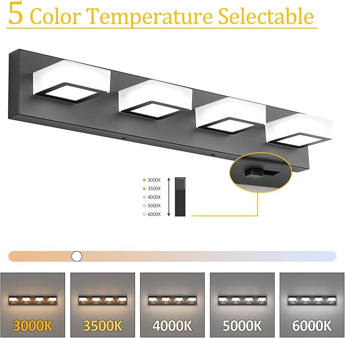 Ralbay 5 Color Temperature 4 Lights Black Vanity Lights Dimmable Acrylic Modern LED Black Bathroom Vanity Lighting Fixtures