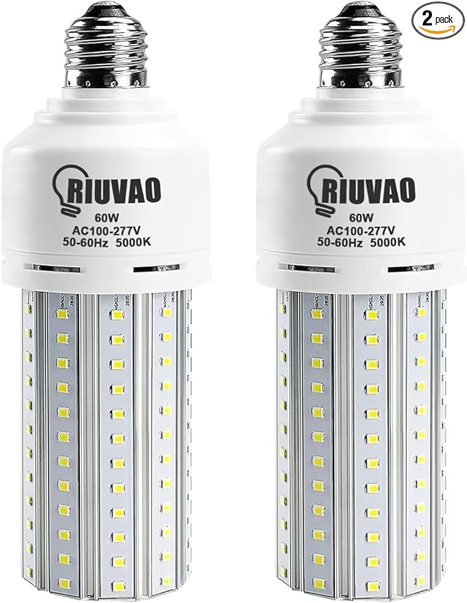 2 Pack 60W LED Corn Light Bulb 500W Equivalent Bulb 7500 Lumen 5000K Cool Daylight White E26/E27 Medium Base for Outdoor Indoor Large Area Garage Warehouse Factory Backyard