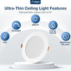 Amico 6 Pack 6 Inch 5CCT Ultra-Thin LED Recessed Ceiling Light with Metal Junction Box, 2700K-5000K Selectable, 12W Eqv 110W, Dimmable Canless Wafer Downlight with Plastic Trim, 1050 Lumens -ETL&FCC