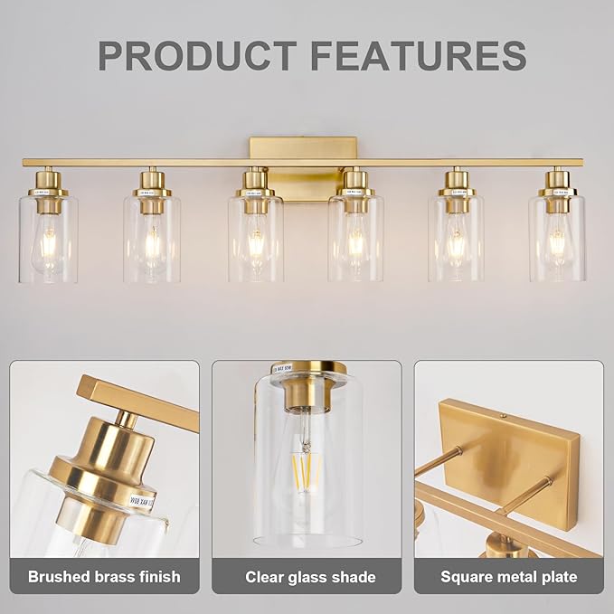 6 Light Gold Bathroom Light Fixtures Brushed Brass Vanity Light Over Mirror Modern Wall Lighting Sconces Wall Lamp for Bathroom, Bedroom, Living Room E26 Socket with Glass Shade