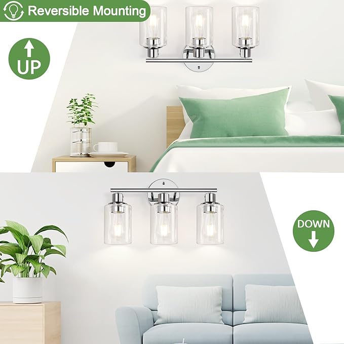 3-Light Bathroom Light Fixtures, Chrome Bathroom Wall Light with Clear Glass Shade, Bathroom Wall Lamp for Mirror Kitchen Living Room Hallway Cabinet