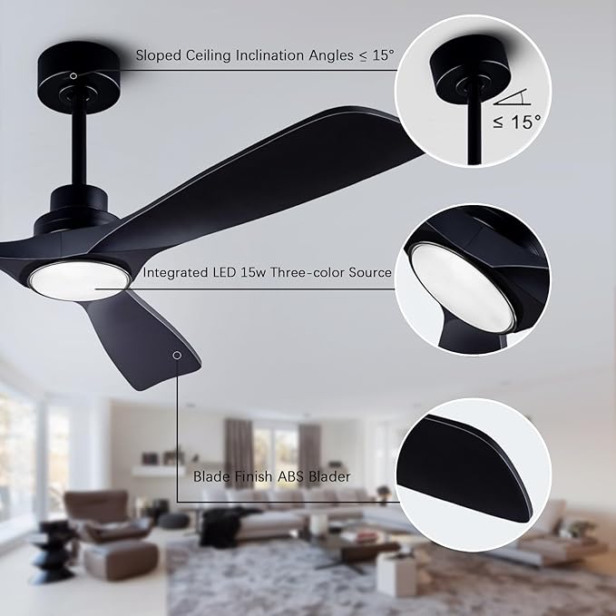 52" Wood Ceiling Fan with Lights Remote Control,Quiet DC Motor 3 Blade Ceiling Fans for Patio Living Room, Bedroom, Office,Indoor Outdoor(Black)