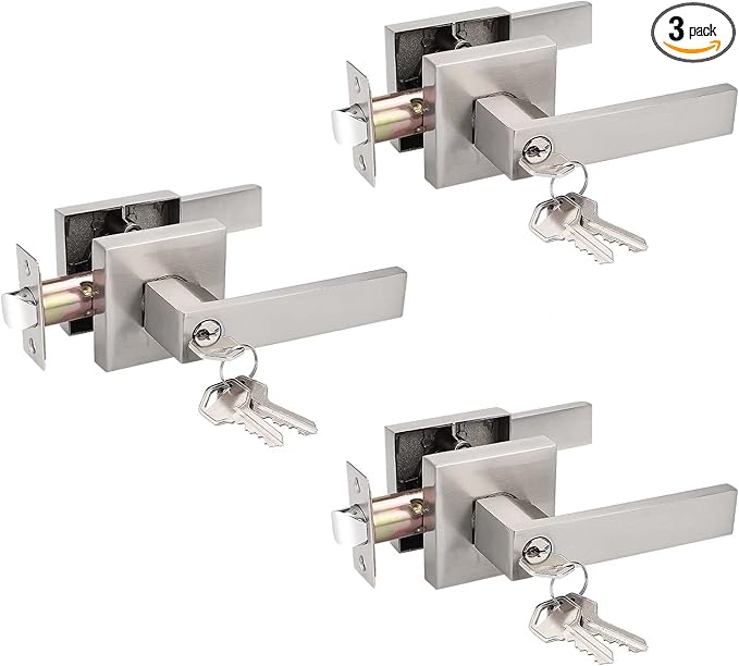 Probrico 3 Pack Interior Bedroom Entrance Door Lever Doorknobs Door Lock One Keyway Entry Keyed Alike Same Key Entrance Lockset in Satin Nickel Each with 3 Keys