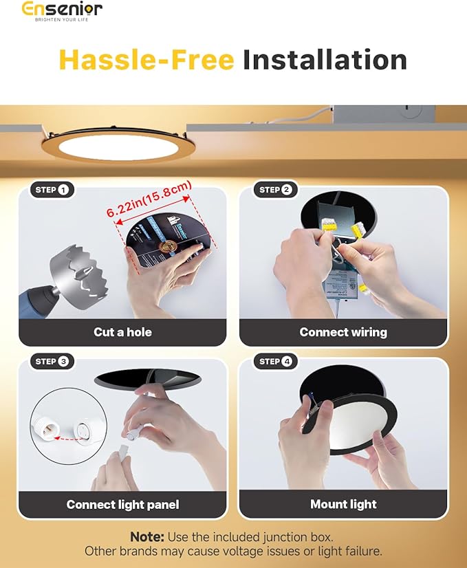 Ensenior 12 Pack 6 Inch LED Recessed Ceiling Light Black, Dimmable, 2700K-5000K 5CCT, 1200LM 12W 120V, High Brightness Canless Wafer Downlight - ETL&FCC&IC