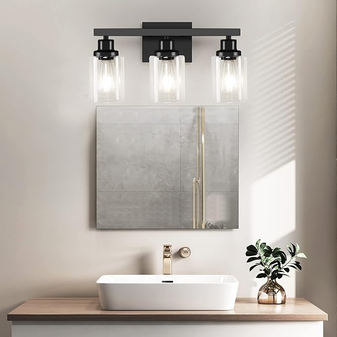 3-Light Bathroom Light Fixtures, Black Bathroom Vanity Light with Clear Glass Shade, Modern Bathroom Wall Lights Over Mirror, Farmhouse Wall Sconces Lighting for Bedroom LivingRoom