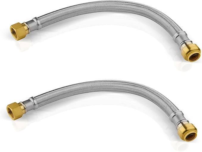 2 Pack Foskan 18-Inch Flexible Water Heater Connector Hose,with 3/4" Push-Fit x 3/4" FIP,Compatible with Copper, PEX, CPVC, and PE-RT Pipes for Water and Heating Use（18" Length）