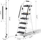 KINGRACK Folding 5-Step Ladder, 800 lbs Capacity Step Stool with Safety Lock, Tool Tray, Non-Skid Wide Steps, Handrail, Household Folding Ladder for Home, Garden, Painting, Outdoor, and Garage, White