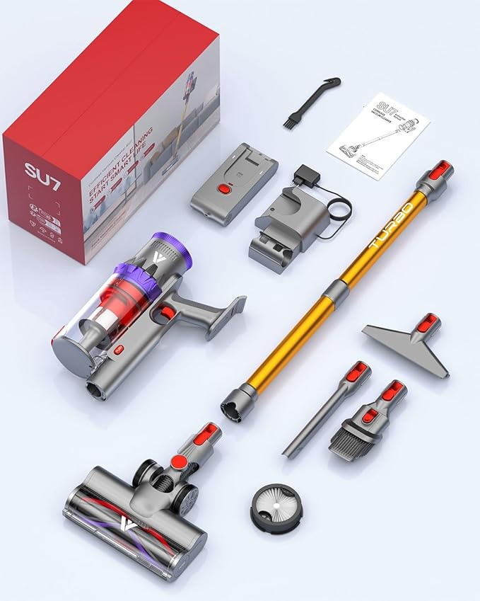 Coovy Cordless Vacuum Cleaner SU7, 580W 50Kpa 75 Minutes Runtime Stick Vacuum with Touch Screen, Anti-Tangle Wireless Powerful Lightweight Vac for Home Pet Hair Carpet Hardwood, Gold