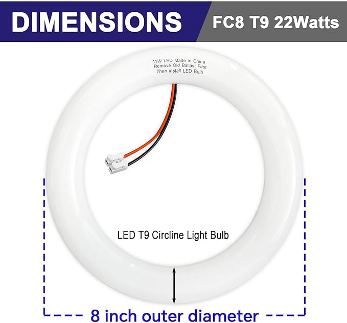 LED Replacement for FC8T9 22W and FC12T9 32W Fluorescent Bulb, 8 inch 11W for T9 22 Watts Circular Light Bulbs, 12 inch 16w for 32 Watts Circline, CRI 80, Daylight Ballast Bypass Required