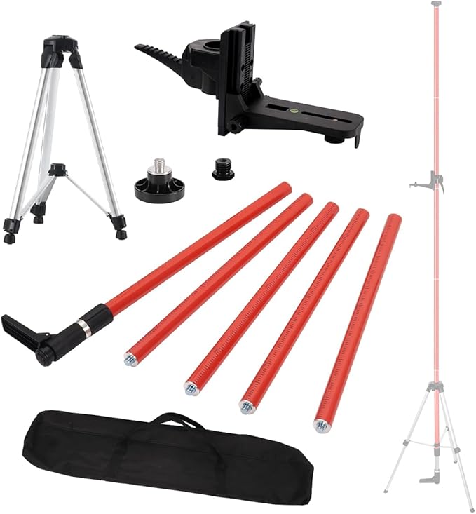 12Ft/3.7M Professional Telescoping Laser Level Pole with Tripod & Laser Mount - 1/4"-20 & 5/8"-11 Adapters, Adjustable Laser Pole Mount for Rotary/Line Lasers(Red)