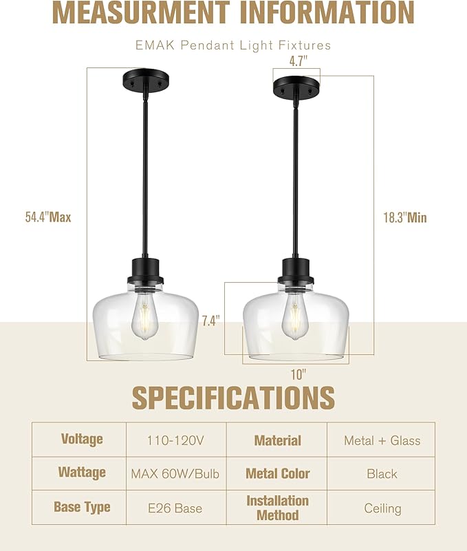 Emak Black Pendant Light Fixtures, Modern 10 Inch Clear Glass Pendant Lights Kitchen Island, Farmhouse Large Kitchen Island Lighting, PL126-BK-CG