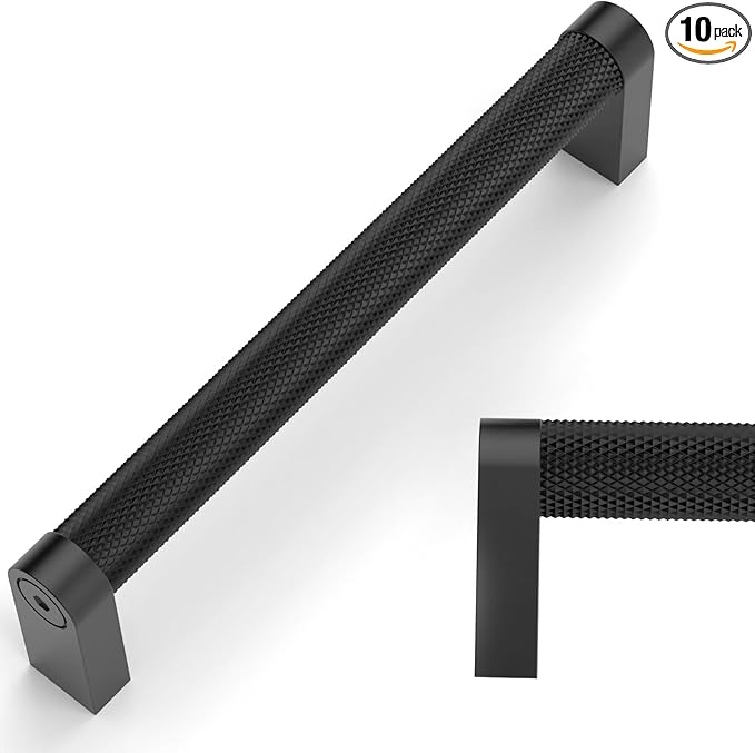 Amerdeco 10 Pack Matte Black knurled Cabinet Pulls 5 Inch Hole Centers Kitchen Cabinet Handles Hardware Kitchen Handles for Cabinets Handles ZH0064