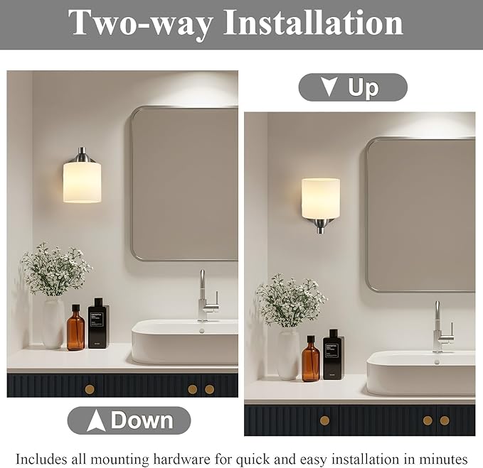 Brushed Nickel Milk Glass Wall Sconces, 1 Pack Hardwired Indoor Wall Light Fixtures for Living Room, Hallway, Bedroom, Ceramic E26 Sockets (Bulbs Not Included)