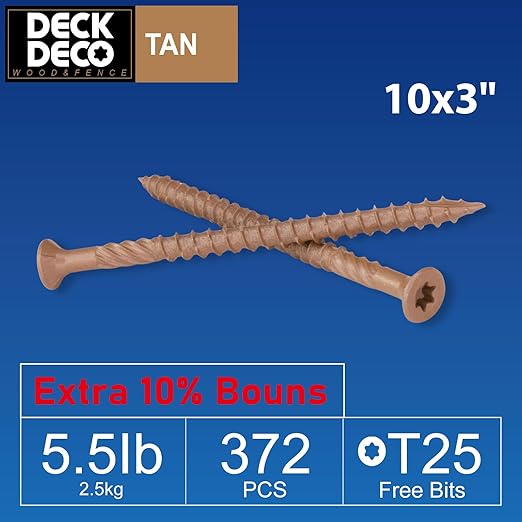 Wood Screws #10 x 3 372pcs(Approx), Tan Ruspert Coating Exterior Deck Screws, Torx/Star Drive Flat Head,Twist Shank, Cut Tip/Thread, Bit Included, 5.5 lb/Box