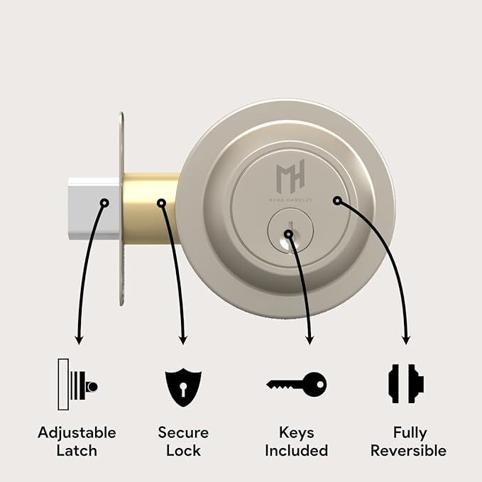 Mega Handles - Ronn Entrance Deadbolt I Deadbolt for Entry Lever Door Handle - Heavy Duty Round Lock for Left or Right-Handed Doors - Interior/Exterior Door Lever Deadbolt- Satin Nickel