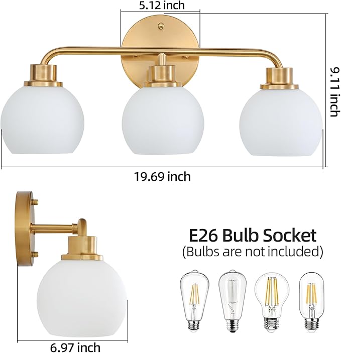Bathroom Light Fixtures Gold Vanity Light 3 Light Wall Sconces Lighting Brushed Brass Lights with Milk Globe Glass Shades Bath Wall Lamp for Mirror Kitchen Living Room Bedroom Hallway