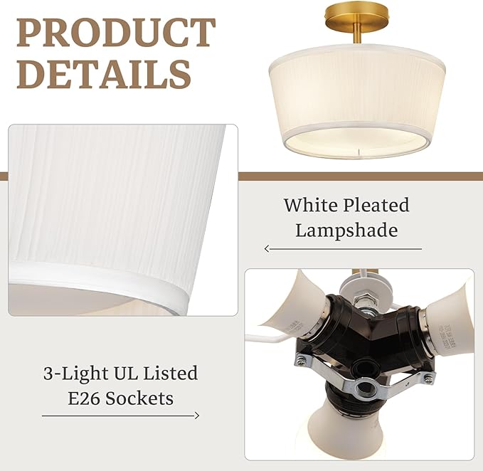 Gold Semi Flush Mount Ceiling Light Fixture,3-Light Ceiling Mount Drum Light Fixture with White Fabric Shade,12.6inch Modern Close to Ceiling Lamps for Living Room, Bedroom, Dining Room,Hallway
