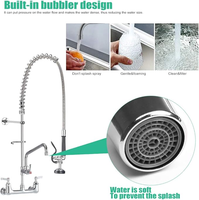 IMLEZON Commercial Faucet, Wall Mount Sink Faucet 8 Inch Center 47 Inch Commercial Kitchen Faucet with Pre-Rinse Sprayer and 12 Inch Swivel Spout