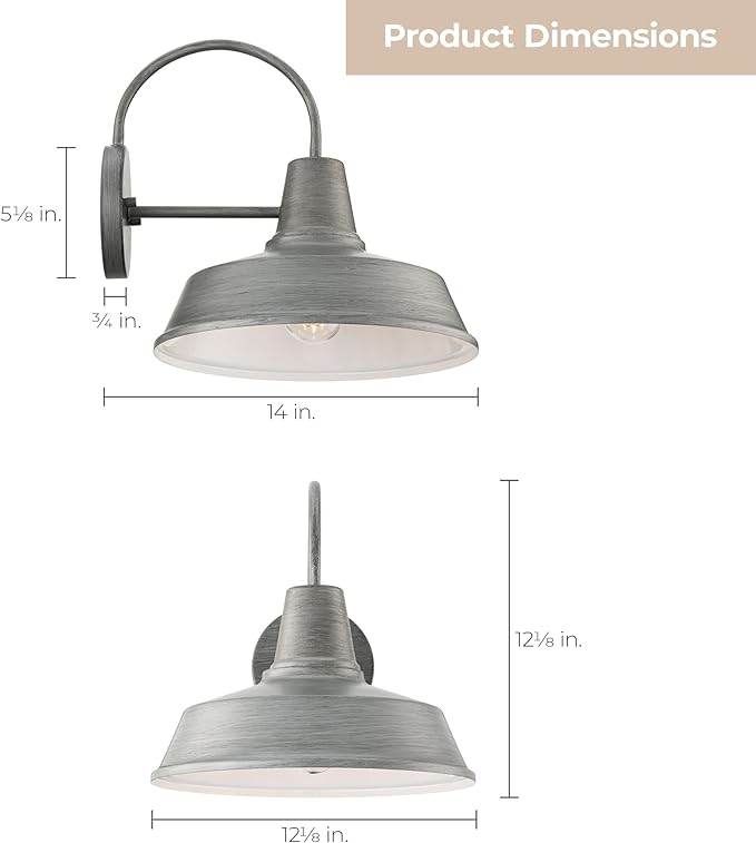 Builder Essentials Heritage Collection Gooseneck RLM Style Outdoor Farmhouse Barn Light with 12in Shade in Anti-Rust Brushed Nickel Finish, Overall Extension 14in E26 Base Lamp
