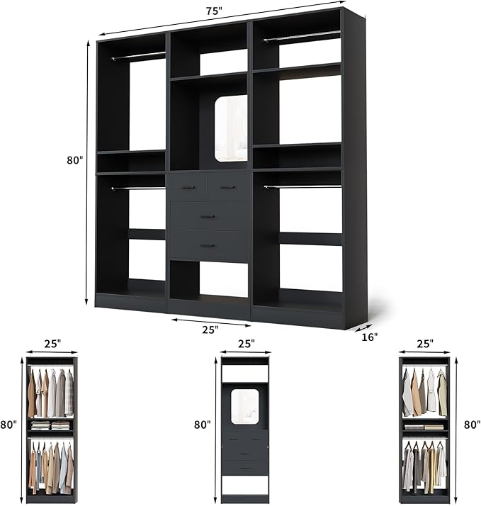 Unikito 75 Inch Walk in Closet System with 4 Drawers, 6.3FT Closet Organizer with Hanging Rods and Mirror Design, Reversible Large Closet Wardrobe with Shelves, Adjustable Closet Tower, Black
