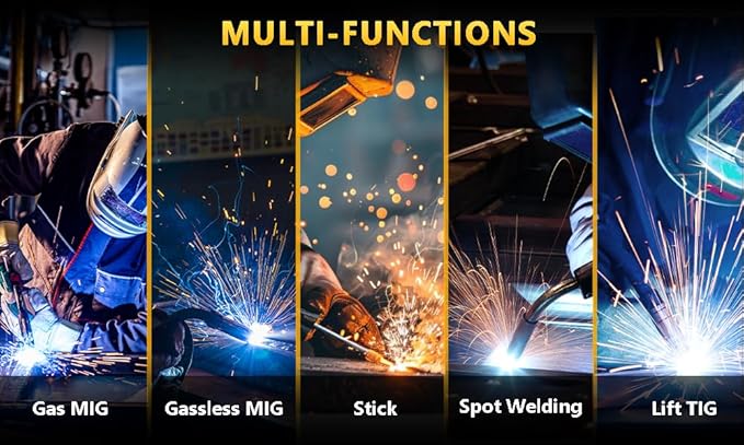 250A MIG Welder,5 in 1 Gas MIG/Gasless Flux Core/Stick/Lift TIG/Spot Welding/Spool Gun Compatible Aluminum Welding Machine Large LED Display 110V/220V Multi Process Welder