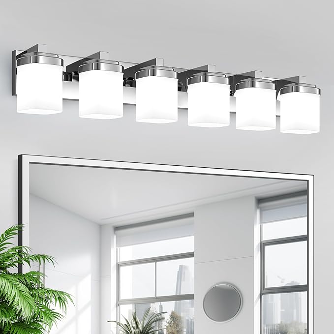 6-Light Bathroom Light Fixtures, Chrome Vanity Lights for Bathroom Mirror Lamp with Milky White Square Glass Shade, E26 Base Modern Wall Sconce Kitchen Light Fixtures Led Vanity