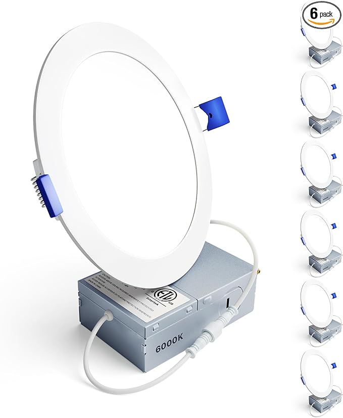 Ensenior 6 Pack 6 Inch LED Recessed Light, Dimmable, 6000K Clear White, 1200LM High Brightness, 12W 120V, Damp Rated, Ultra-Thin Canless Wafer Ceiling Light - ETL & FCC & IC