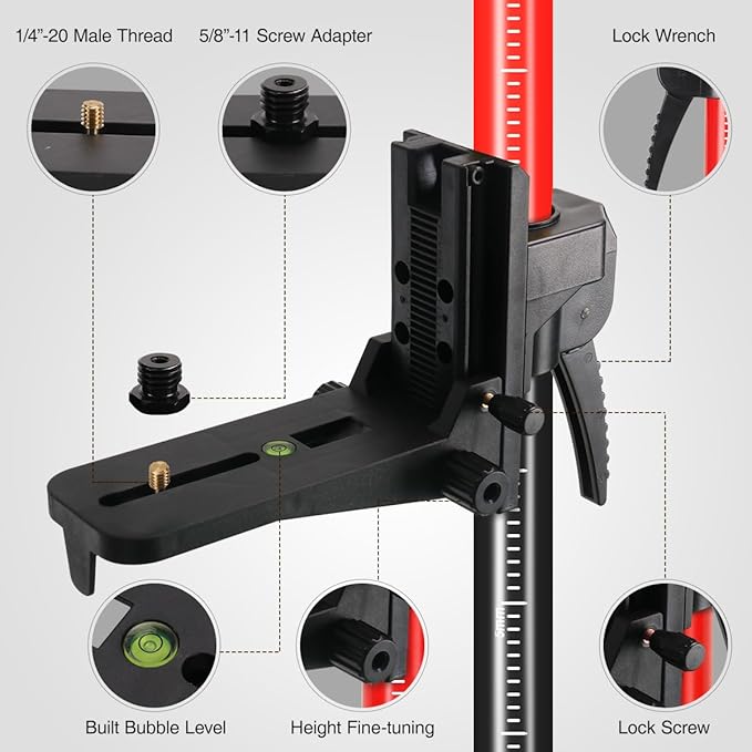 12Ft/3.7M Professional Telescoping Laser Level Pole with Tripod & Universal Mount - 1/4”-20 & 5/8”-11 Adapters | Adjustable Laser Pole Mount for Rotary/Line Lasers(Black&Red)