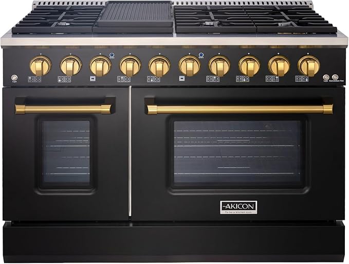 Akicon 48 Inch Freestanding Gas Range - 6.7 cu. ft. Double Rapid Convection Gas Oven - Gas Stove with 8 Sealed Burners & a Griddle, Heavy Duty Cast Iron Grates (Black & Gold)