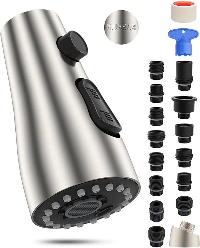 Hibbent Stainless Steel Pull Down Spray Head Replacement with 15 Adapters, NSF/ANSI/CAN 61 & CUPC Certified 3-Function Kitchen Faucet Nozzle, Compatible with Moen, Delta, Kohler Faucet, Brushed Nickel