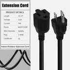 Black Heavy-Duty 13.1ft Indoor/Outdoor Extension Cord, 3 Prong 1250W 10A, Weather-Resistant Waterproof Power Cable with 3-Prong Grounded Plug, 18/3 SVT Wire, UL Listed