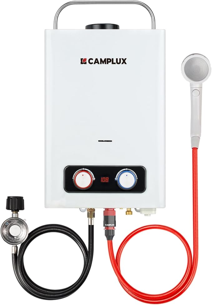 CAMPLUX Tankless Water Heater, 1.58 GPM Outdoor Propane Gas Water Heater with Portable Handle, 6L Outdoor Portable Water Heater, White