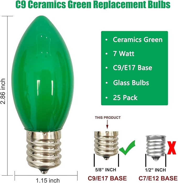 25 Pack C9 Ceramic Green Replacement Bulbs, St. Patrick's String Light Bulb Vintage Incandescent Light Bulbs for Christmas Wedding Patio St. Patrick's Day Decoration, E17/C9 Intermediate Base, 7 Watt