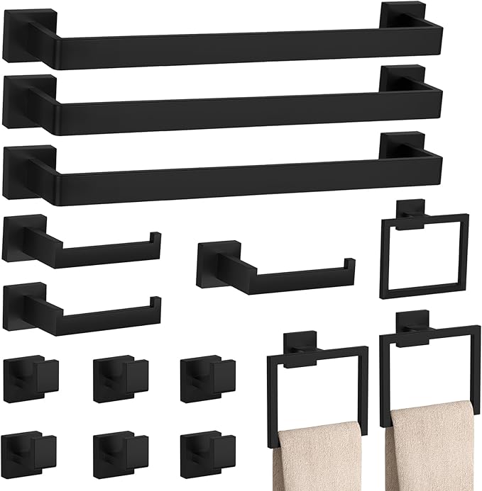15-Piece Matte Black Bathroom Accessories Set – 23.6" Towel Bar, Towel Ring, Toilet Paper Holder & Hooks, Wall Mounted Bathroom Hardware, Rust & Corrosion-Resistant, Ideal for Modern Bathrooms