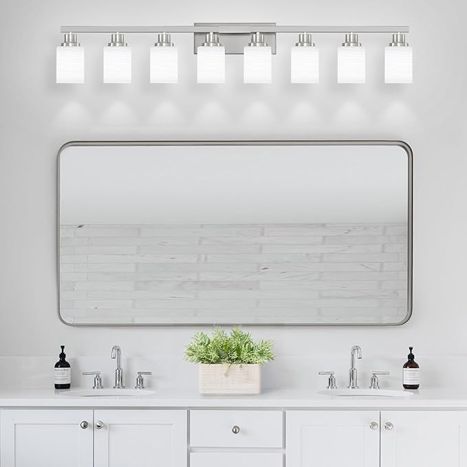 8-Light Bathroom Light Fixtures, 52inch Nickel Vanity Light with Milky White Glass Shade, Modern Bathroom Wall Lights Over Mirror, Farmhouse Wall Sconces Lighting for Bedroom Living Room