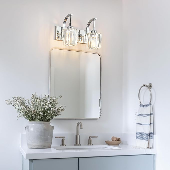 Modern Bathroom Vanity Light, 2-Light Chrome Wall Sconce with Crystal Accents, Over Mirror Bathroom Lighting Fixture, 13.77" Long Dimmable Vanity Lamp for Makeup, Easy Installation